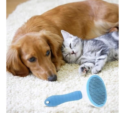 Kedi Köpek Tüy Toplayıcı Kendini Temizleyebilen Ergonomik Saplı Evcil Hayvan Tarağı Mavi