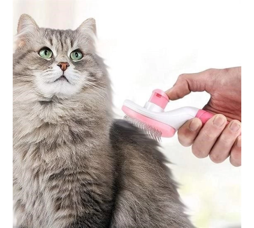 Kedi Köpek Tüy Toplayıcı Kendini Temizleyebilen Ergonomik Saplı Evcil Hayvan Tarağı Pembe