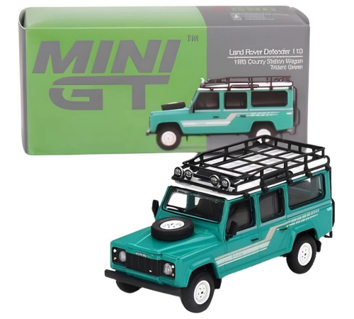 Mini GT 1-64 Land Rover Defender 110 1985 County Station Wagon Trident Green