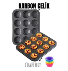 BX 12 li Muffin Kalıbı Teflon Çelik 100 Muffin Kağıtlı