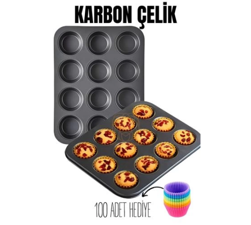 BX 12 li Muffin Kalıbı Teflon Çelik 100 Muffin Kağıtlı