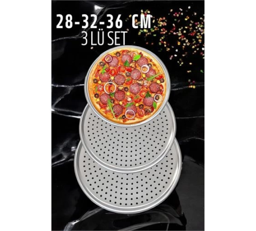 BX Delikli Pizza Lahmacun Tepsisi Çelik 28-32-36 CM 3 lü SET