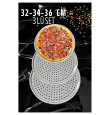 BX Delikli Pizza Lahmacun Tepsisi Çelik 32-34-36 CM 3 lü SET