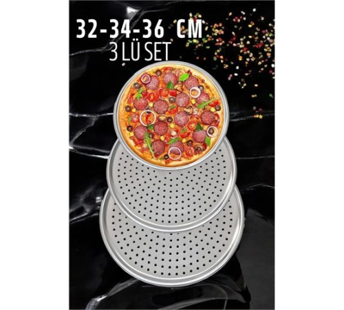 BX Delikli Pizza Lahmacun Tepsisi Çelik 32-34-36 CM 3 lü SET