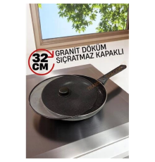 BX Granit Döküm Tava Yağ Sıçratmaz Kapaklı -Yapışmaz Taban 32 Cm