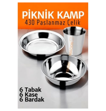 BX Paslanmaz Çelik Tabak Kase Bardak Seti Kamp Piknik Seti 18 adet