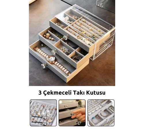 Modern Gri 3 Çekmeceli Takı Bijuteri Mücevher Kutusu Organizer Düzenleyici Şeffaf 13 X 23 X 10 Cm Modern Gri 3 Çekmeceli Takı Bijuteri Mücevher Kutusu Organizer Düzenleyici Şeffaf 13 X 23 X 10 Cm