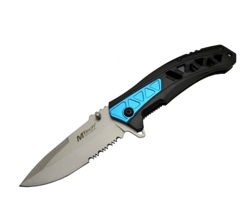 Mtech 4193 Mavi Kamp Çakı 21cm - Yarı Otomatik, Kemerlikli, Testere Detaylı, Desenli Sap Mtech 4193 Mavi Kamp Çakı 21cm - Yarı Otomatik, Kemerlikli, Testere Detaylı, Desenli Sap