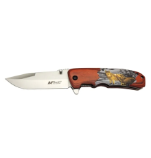 Mtech Y 12K Kahverengi Kamp Çakı 21,5cm - Yarı Otomatik, Kemerlikli, Kurt Baskılı Ahşap Sap