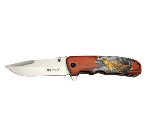 Mtech Y 12K Kahverengi Kamp Çakı 21,5cm - Yarı Otomatik, Kemerlikli, Kurt Baskılı Ahşap Sap Mtech Y 12K Kahverengi Kamp Çakı 21,5cm - Yarı Otomatik, Kemerlikli, Kurt Baskılı Ahşap Sap