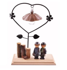 Pilli Işıklı Romantik Çift Tema Büyük Boy Dekoratif Ahşap Biblo