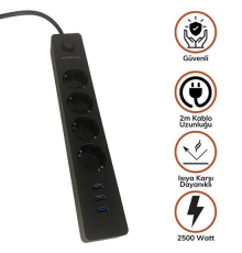 Termak Akım Korumalı 4 Priz 3 USB Girişli Uzatma Kablosu Güç&Şarj