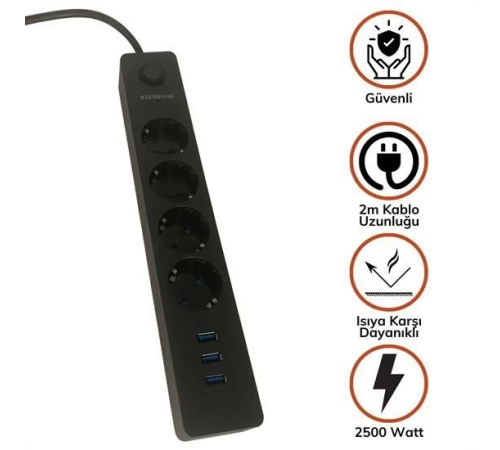 Termak Akım Korumalı 4 Priz 3 USB Girişli Uzatma Kablosu Güç&Şarj Termak Akım Korumalı 4 Priz 3 USB Girişli Uzatma Kablosu Güç&Şarj