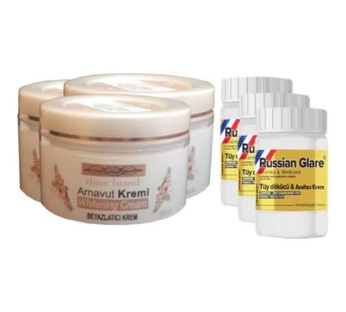 Three Brand 100 ml Arnavut Aklık Kremi 3 Ad + Russıan Glare Tüy Dökücü Azaltıcı Merhem 50 ml 3 Ad Three Brand 100 ml Arnavut Aklık Kremi 3 Ad + Russıan Glare Tüy Dökücü Azaltıcı Merhem 50 ml 3 Ad
