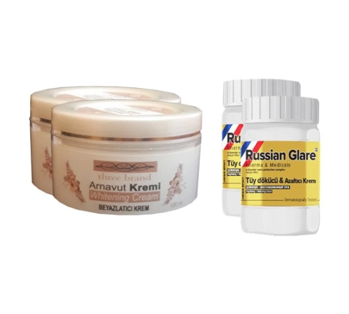 Three Brand Whitening Cream 100 ml Arnavut Kremi Aklık Kremi 2 Adet + Russıan Glare Tüy Dökücü Azaltıcı Merhem 50 ml 2 Adet Three Brand Whitening Cream 100 ml Arnavut Kremi Aklık Kremi 2 Adet + Russıan Glare Tüy Dökücü Azaltıcı Merhem 50 ml 2 Adet