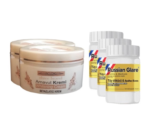 Three Brand Whitening Cream 100 ml Arnavut Kremi Aklık Kremi 2 Adet + Russıan Glare Tüy Dökücü Azaltıcı Merhem 50 ml 3 Adet Three Brand Whitening Cream 100 ml Arnavut Kremi Aklık Kremi 2 Adet + Russıan Glare Tüy Dökücü Azaltıcı Merhem 50 ml 3 Adet