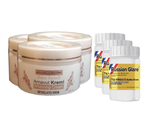 Three Brand Whitening Cream 100 ml Arnavut Kremi Aklık Kremi 3 Adet + Russıan Glare Tüy Dökücü Azaltıcı Merhem 50 ml 3 Adet Three Brand Whitening Cream 100 ml Arnavut Kremi Aklık Kremi 3 Adet + Russıan Glare Tüy Dökücü Azaltıcı Merhem 50 ml 3 Adet