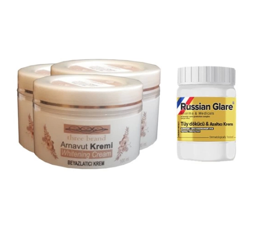 Three Brand Whitening Cream 100 ml Arnavut Kremi Aklık Kremi 3 Adet + Russıan Glare Tüy Dökücü Azaltıcı Merhem 50 ml Three Brand Whitening Cream 100 ml Arnavut Kremi Aklık Kremi 3 Adet + Russıan Glare Tüy Dökücü Azaltıcı Merhem 50 ml