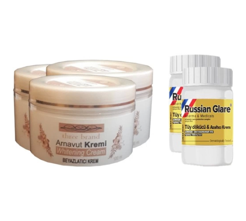 Three Brand Whitening Cream 100 ml Arnavut Kremi Aklık Kremi 3 Adet + Russıan Glare Tüy Dökücü Azaltıcı Merhem 50 ml 2 Adet Three Brand Whitening Cream 100 ml Arnavut Kremi Aklık Kremi 3 Adet + Russıan Glare Tüy Dökücü Azaltıcı Merhem 50 ml 2 Adet