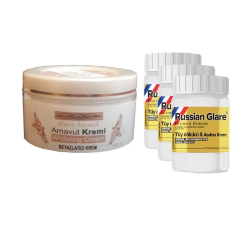 Three Brand Whitening Cream 100 ml Arnavut Kremi Aklık Kremi + Russıan Glare Tüy Dökücü Azaltıcı Merhem 50 ml 3 Adet