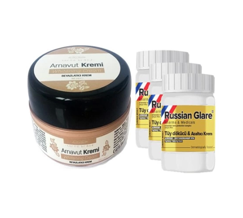 Three Brand Whitening Cream 50 ml Arnavut Kremi Aklık Kremi 1 Adet + Russıan Glare Tüy Dökücü Azaltıcı Merhem 50ML 3 Adet