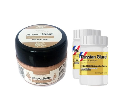 Three Brand Whitening Cream 50 ml Arnavut Kremi Aklık Kremi 1 Adet + Russıan Glare Tüy Dökücü Azaltıcı Merhem 50ML 2 Adet