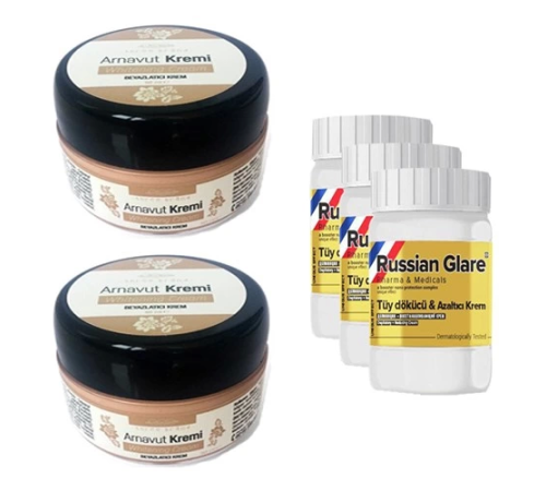 Three Brand Whitening Cream 50 ml Arnavut Kremi Aklık Kremi 2 Adet + Russıan Glare Tüy Dökücü Azaltıcı Merhem 50 ml 3 Adet