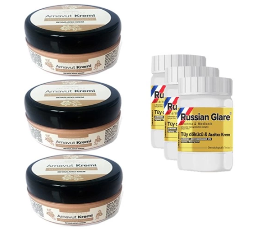 Three Brand Whitening Cream 50 ml Arnavut Kremi Aklık Kremi 3 Adet + Russıan Glare Tüy Dökücü Azaltıcı Merhem 50 ml 3 Adet