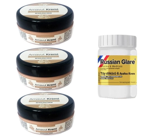 Three Brand Whitening Cream 50 ml Arnavut Kremi Aklık Kremi 3 Adet+ Russıan Glare Tüy Dökücü Azaltıcı Merhem 50 ml 1 Adet