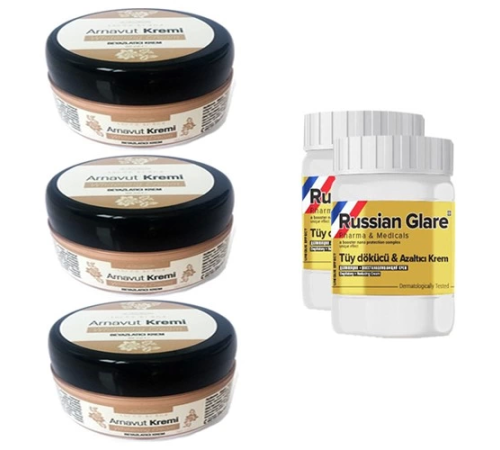 Three Brand Whitening Cream 50 ml Arnavut Kremi Aklık Kremi 3 Adet + Russıan Glare Tüy Dökücü Azaltıcı Merhem 50 ml 2 Adet