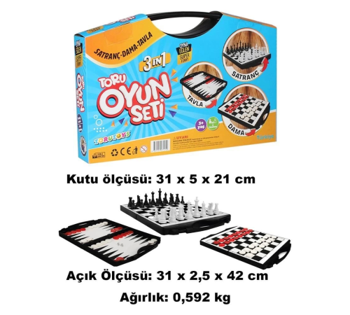 Toru 3 in 1 Çantalı Oyun Seti Satranç-Dama-Tavla