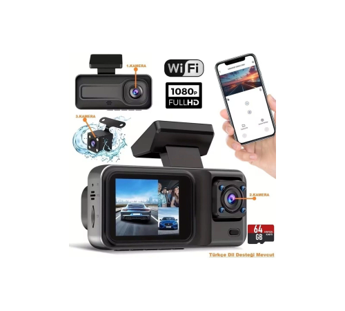 Üç Kameralı Ön Iç Arka Araç Içi Kamera Wifi Viidure App Mpıa CC38 64GB Üç Kameralı Ön Iç Arka Araç Içi Kamera Wifi Viidure App Mpıa CC38 64GB