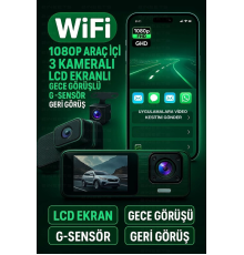 Wifi 1080p Araç içi 3 Kameralı Lcd Ekranlı Gece Görüşlü , G-sensör , Geri Görüş Kamera