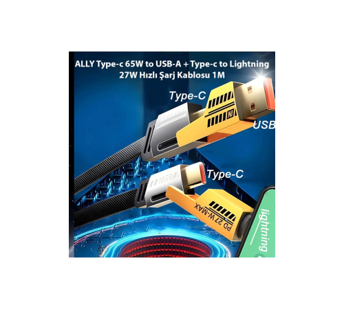 4in1 Type-c 65W to USB-A + Type-c to Lightning 27W Hızlı Şarj Kablosu SİYAH 4in1 Type-c 65W to USB-A + Type-c to Lightning 27W Hızlı Şarj Kablosu SİYAH