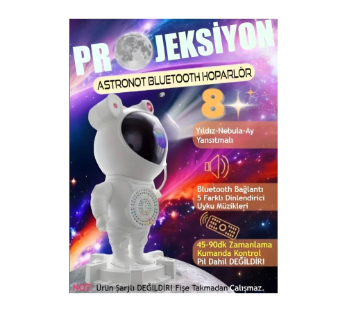 Alüminyum Taşınabilir hoparlör Astronot Bluetooth Hoparlör - Projeksiyon, Gece Lambası, RGB LED, SD