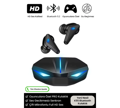 K55 Tws Pro Oyuncu Kulaklığı 3D Stereo Ses Extra Bass Işıklı Mikrofonlu Bluetooth Kablosuz Kulaklık K55 Tws Pro Oyuncu Kulaklığı 3D Stereo Ses Extra Bass Işıklı Mikrofonlu Bluetooth Kablosuz Kulaklık