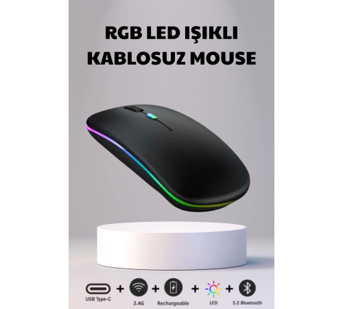 Kablosuz Fare Wireless Mouse, Bluetooth 5.2, Şarjlı, Ergonomik, Type-c, 800/1200/1600 Dpı, Led Işık Kablosuz Fare Wireless Mouse, Bluetooth 5.2, Şarjlı, Ergonomik, Type-c, 800/1200/1600 Dpı, Led Işık
