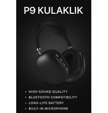 P9 Bluetooth 5.0 Kablosuz Siyah Kulaklık Mikrofonlu Uzun Pil Yüksek Bass ANC