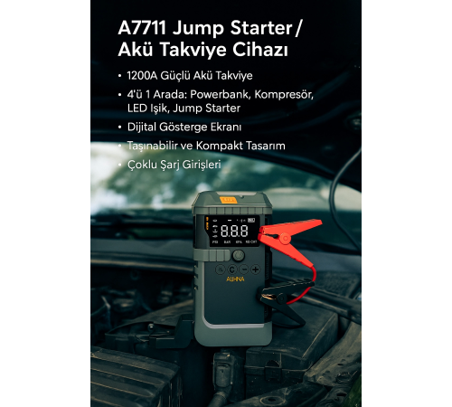 Araç İçi Jump Starter ve Powerbank | 1200A Akü Takviye, Hava Kompresörü, LED Işıklı LCD Ekranlı Araç İçi Jump Starter ve Powerbank | 1200A Akü Takviye, Hava Kompresörü, LED Işıklı LCD Ekranlı