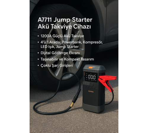 Araç İçi Jump Starter ve Powerbank | 1200A Akü Takviye, Hava Kompresörü, LED Işıklı LCD Ekranlı Araç İçi Jump Starter ve Powerbank | 1200A Akü Takviye, Hava Kompresörü, LED Işıklı LCD Ekranlı