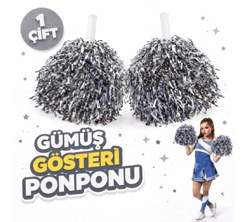 1 Çift ( 2 Adet ) Gümüş Renk 23 Nisan 19 Mayıs 29 Ekim Okul Gösteri Ponponları Ekstra Dolgun
