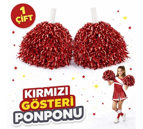 1 Çift ( 2 Adet ) Kırmızı Renk 23 Nisan 19 Mayıs 29 Ekim Okul Gösteri Ponponları Ekstra Dolgun
