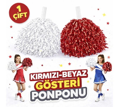 1 Çift ( 2 Adet ) Kırmızı-Beyaz Renk 23 Nisan 19 Mayıs 29 Ekim Okul Gösteri Ponponları Ekstra Dolgun