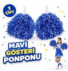1 Çift ( 2 Adet ) Mavi Renk 23 Nisan 19 Mayıs 29 Ekim Okul Gösteri Ponponları Ekstra Dolgun