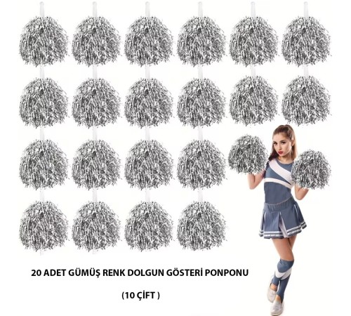 10 Çift ( 20 Adet ) Gümüş Renk 23 Nisan 19 Mayıs 29 Ekim Okul Gösteri Ponponları