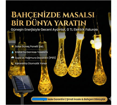 10 Led 2 Metre Sarı Kristal Su Damlası Güneş Enerjili Led Işık Solar Bahçe Ağaç Lamba Aydınlatması