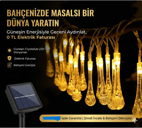 10 Led 2 Metre Sarı Kristal Su Damlası Güneş Enerjili Led Işık Solar Bahçe Ağaç Lamba Aydınlatması