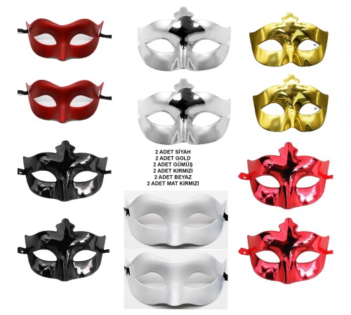 12’li Renkli Parti Maskesi Seti – Siyah, Gold, Gümüş, Kırmızı, Beyaz, Mat Kırmızı