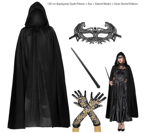 120 cm Kapüşonlu Siyah Pelerin + Asa + Dantel Maske + Uzun Dantel Siyah Eldiven Kostüm Seti