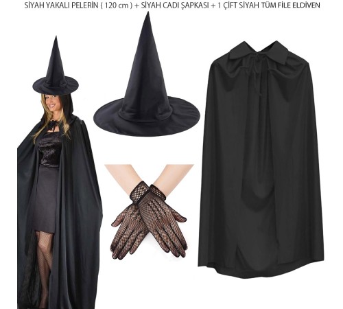 120 cm Siyah Yakalı Cadı Pelerini Cadı Şapkası ve 1 Çift Siyah Kısa File Tüm Eldiven Seti 3 Parça